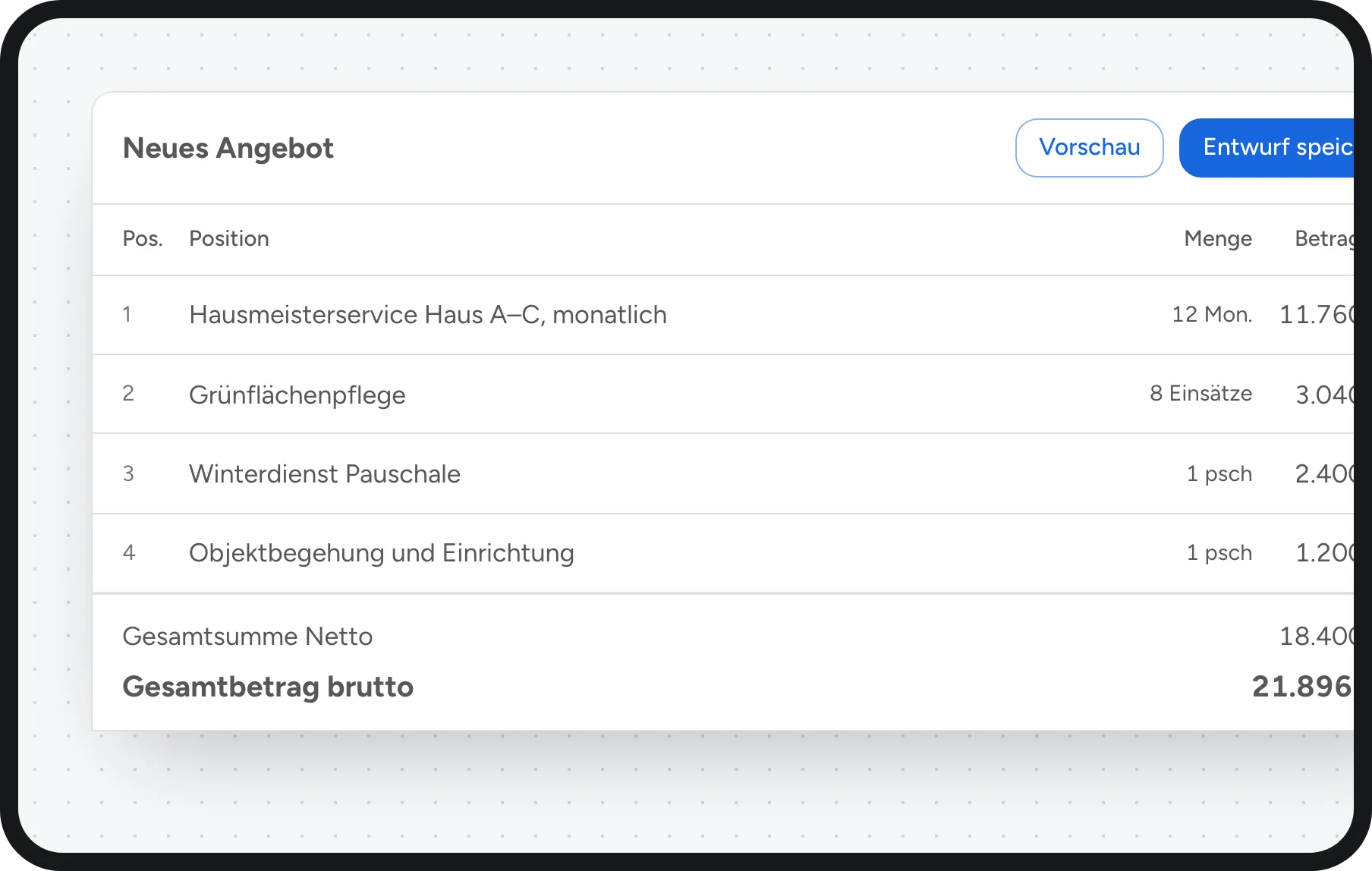 CRM für kleine Unternehmen: Angebot mit Positionen und Summen