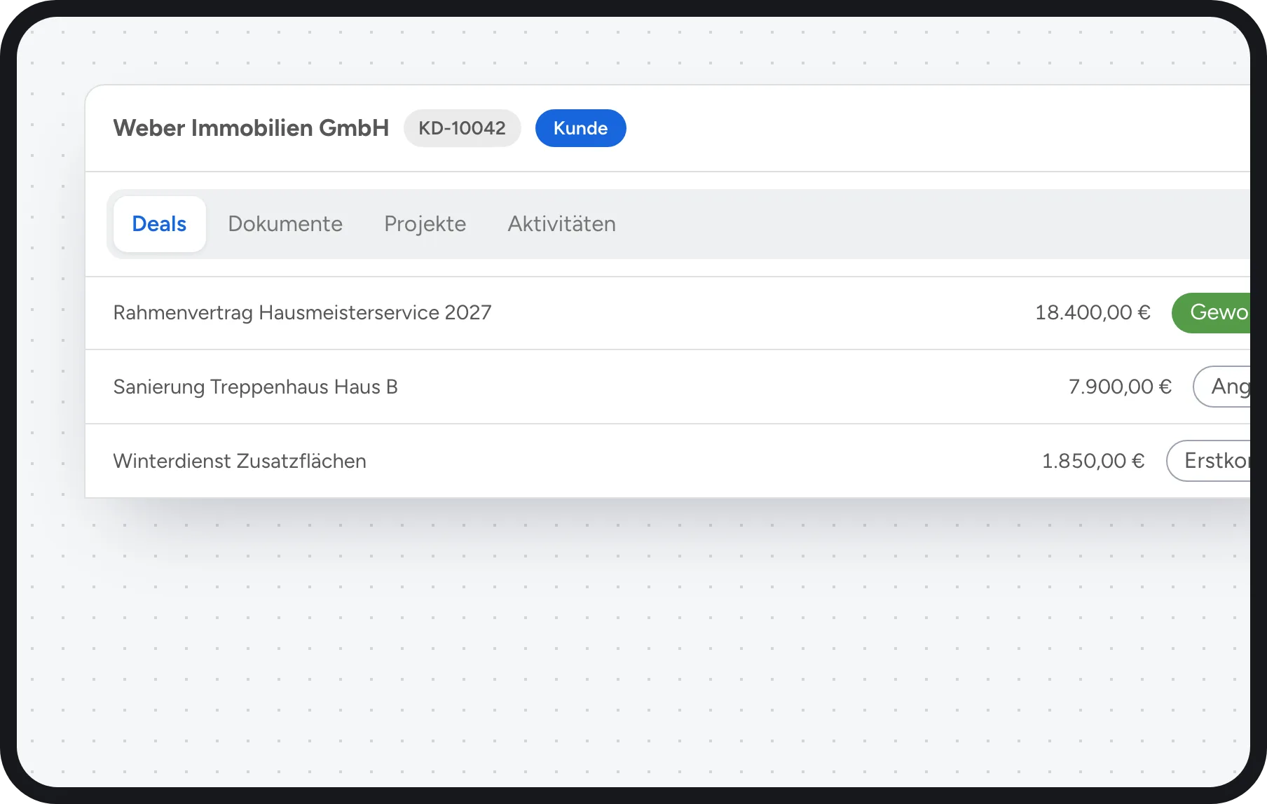 CRM für kleine Unternehmen: Kunde mit Deals, Dokumenten, Projekten und Aktivitäten