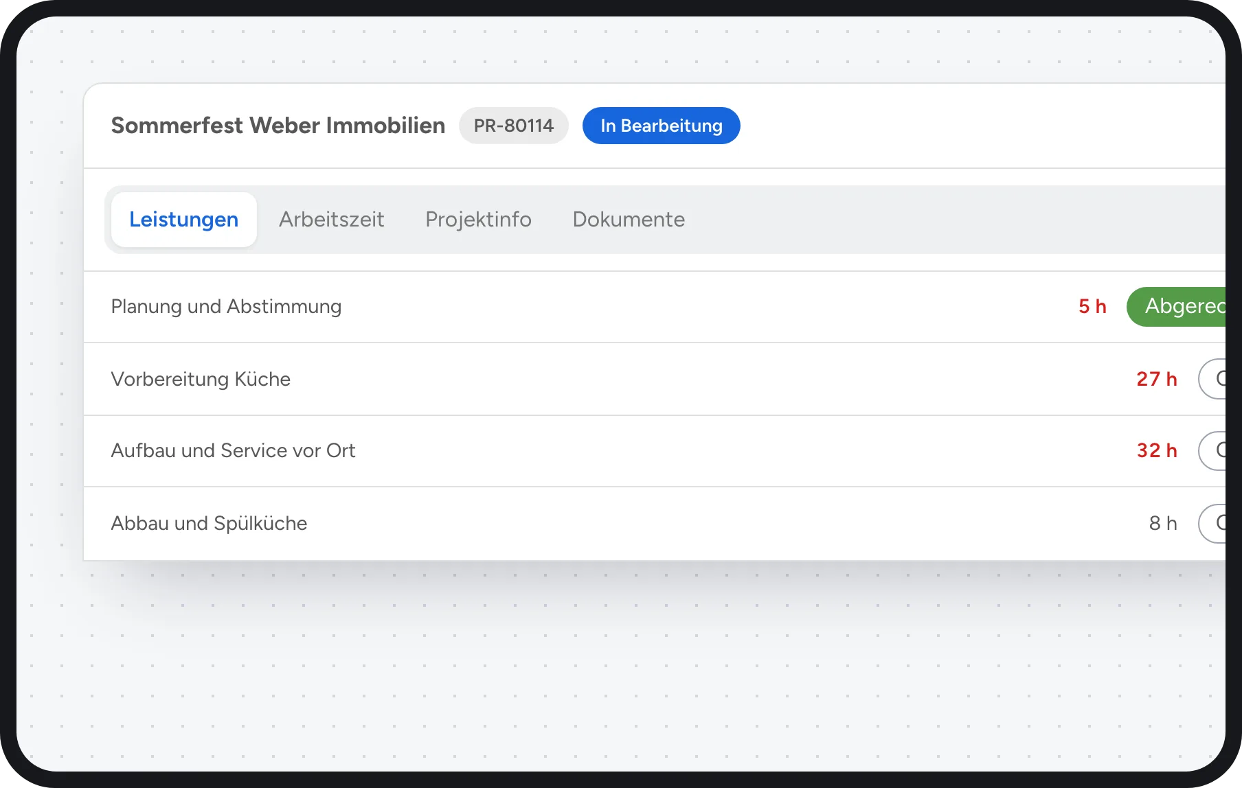 Catering Software: Projekt mit Leistungen, Arbeitszeit und Dokumenten