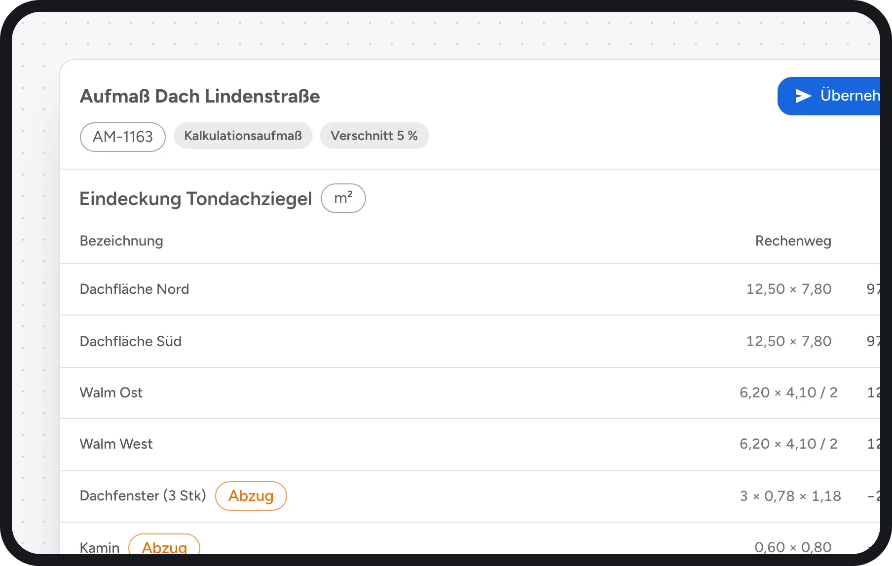 Dachdecker Software: Dachaufmaß mit Dachflächen, Walmen und Abzügen für Dachfenster und Kamin