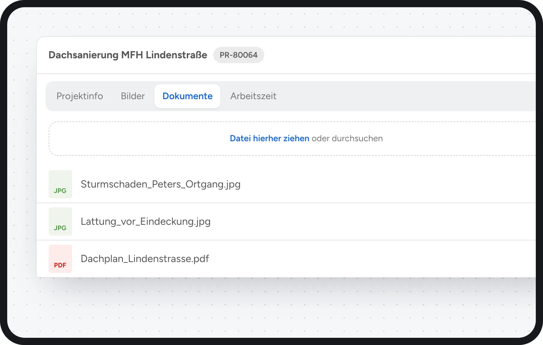 Dachdecker Software: Fotos und Dachplan am Auftrag für die Gewährleistung