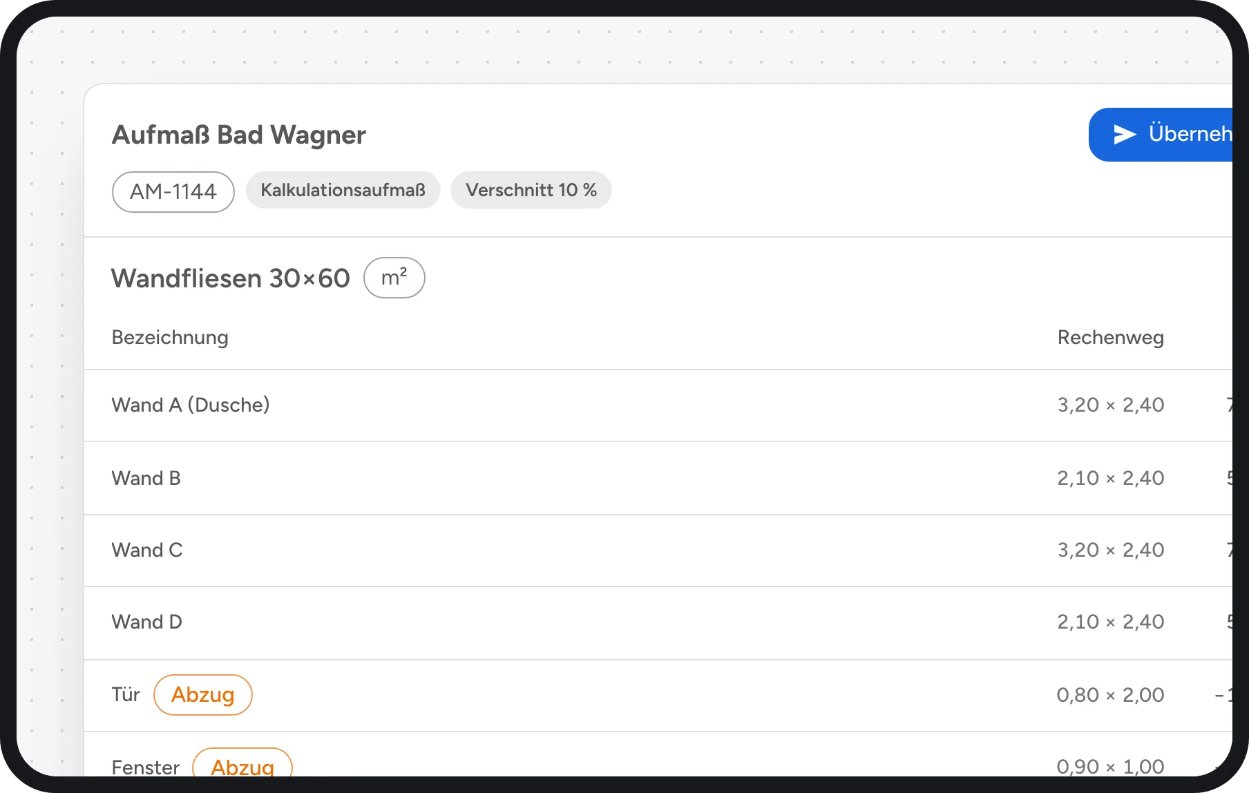 Fliesenleger Software: Aufmaß Wandfliesen in Quadratmetern mit Abzügen für Tür und Fenster