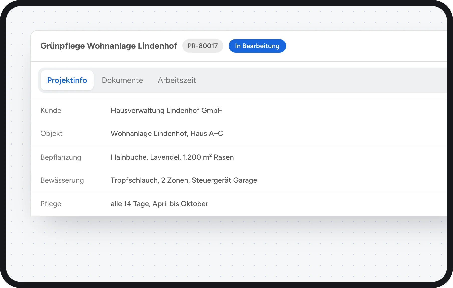 GaLaBau Software: Pflegeobjekt mit Kunde, Bepflanzung, Bewässerung und Pflegevereinbarung