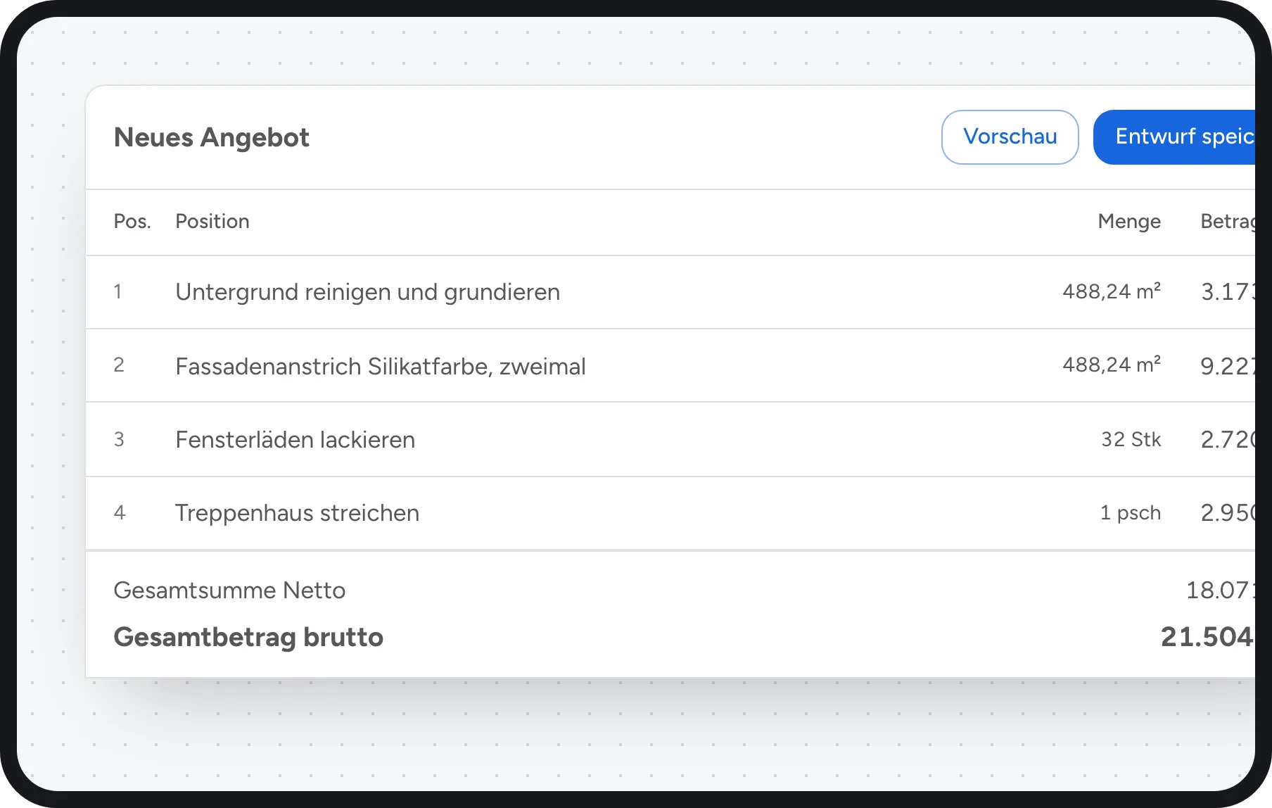 Maler Software: Angebot mit Positionen und Summen