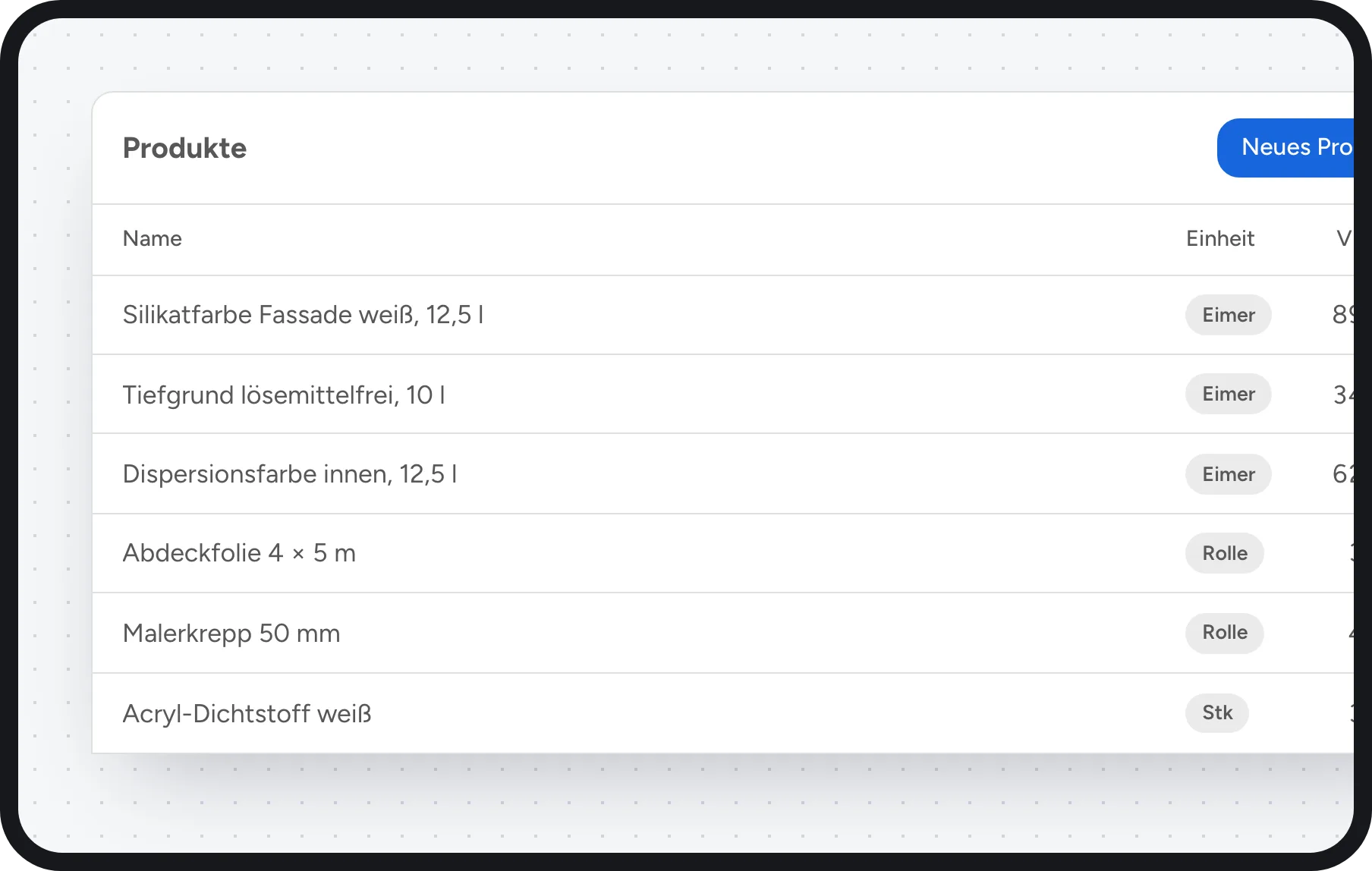 Maler Software: Artikelstamm mit Material und Preisen