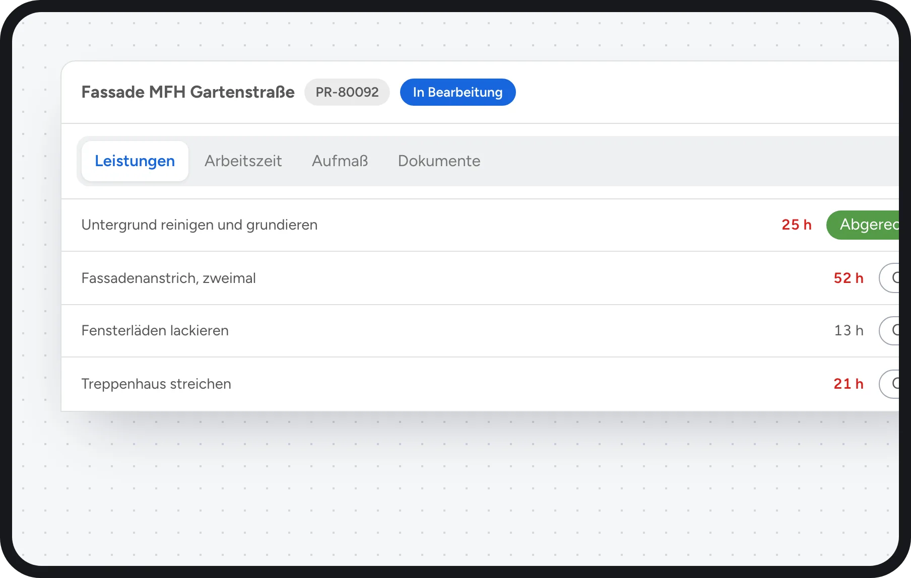 Maler Software: Projekt mit Leistungen, Arbeitszeit und Dokumenten
