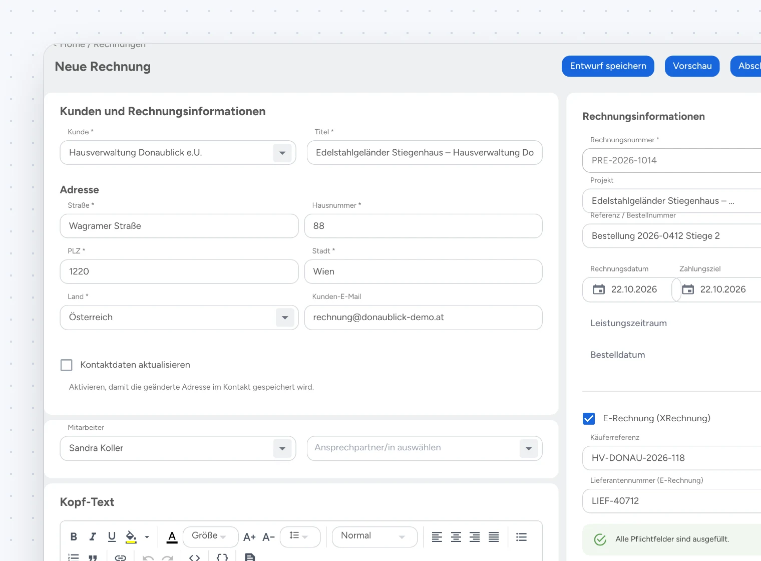Rechnung aus den Leistungen mit E-Rechnung (XRechnung)