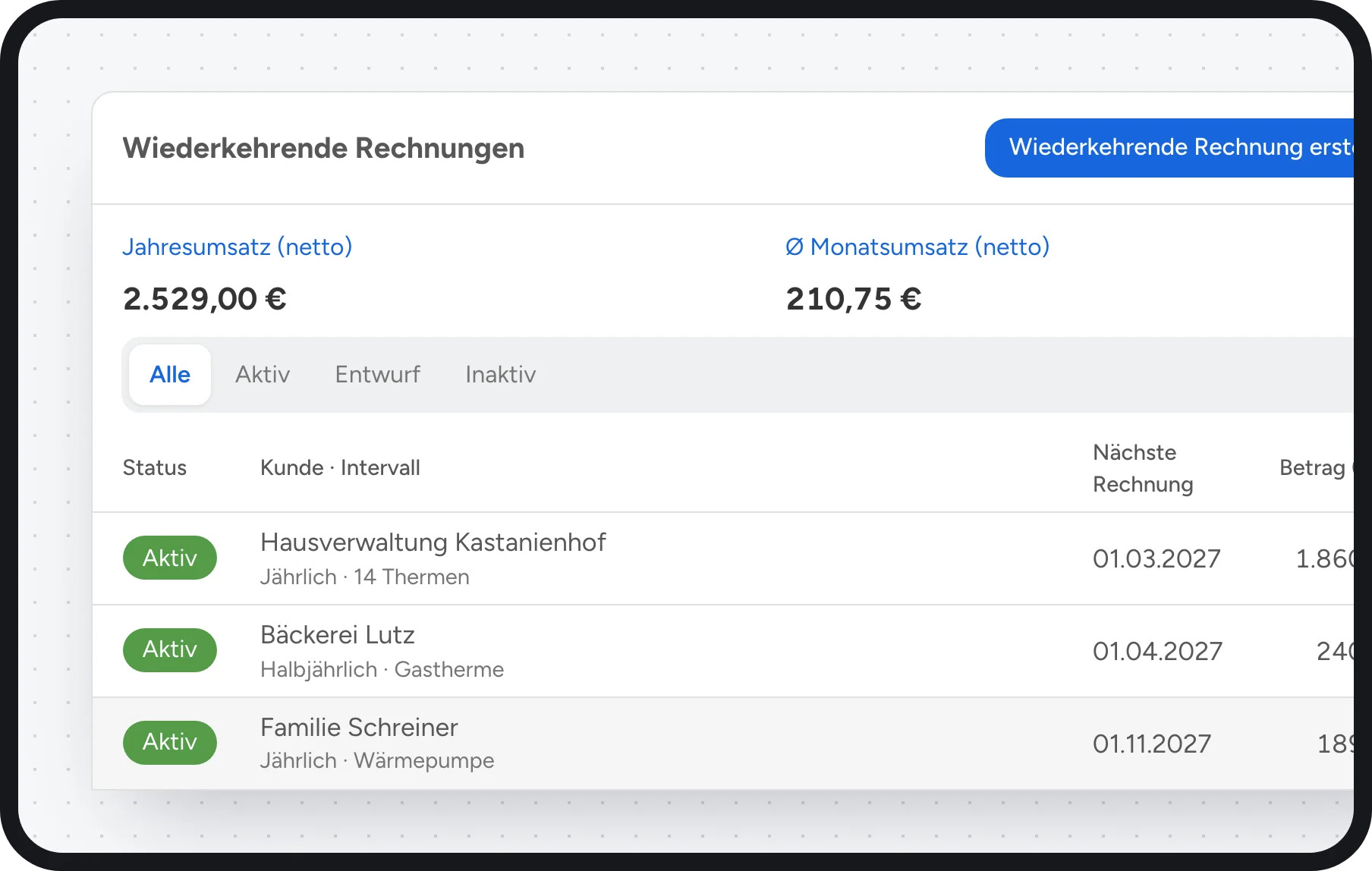 SHK Software: Wartungsverträge als wiederkehrende Rechnungen mit Jahresumsatz
