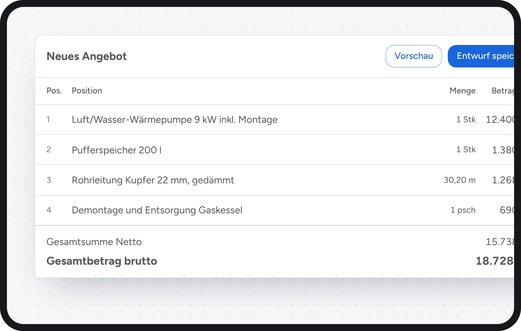 SHK Software: Angebot mit Wärmepumpe, Pufferspeicher, Rohrleitung und Demontage