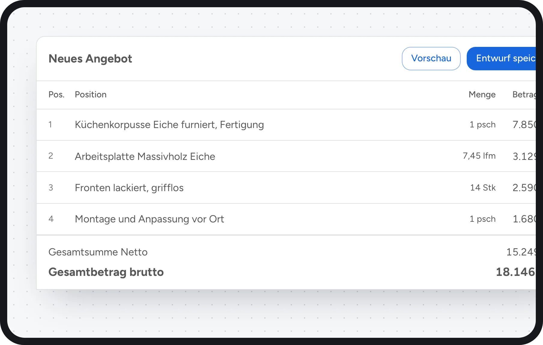Tischler Software: Angebot mit Positionen und Summen