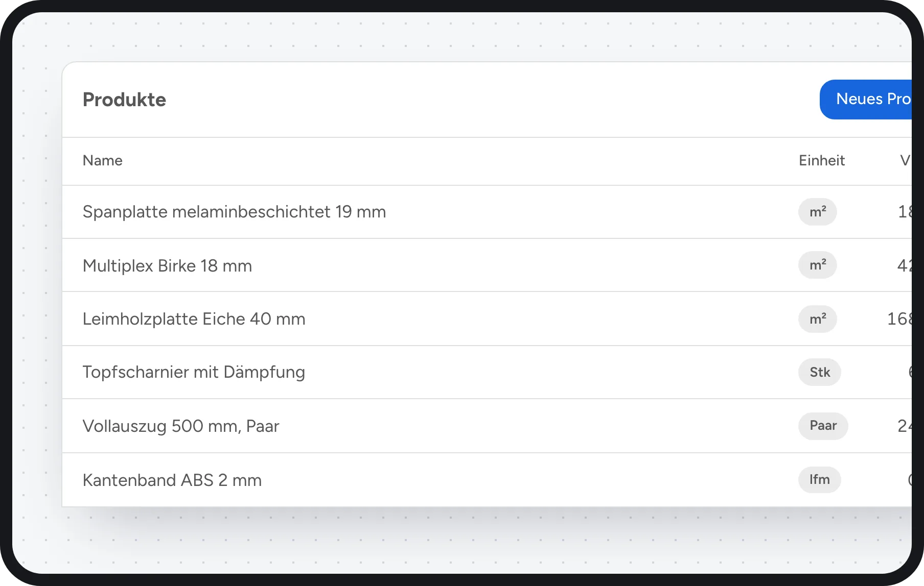 Tischler Software: Artikelstamm mit Material und Preisen