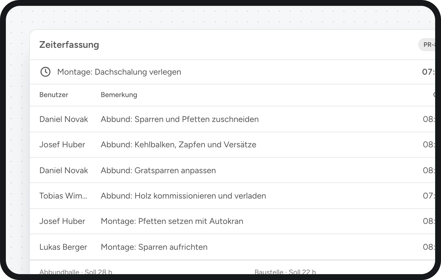 Zimmerer Software: Zeiterfassung getrennt nach Abbundhalle und Baustelle