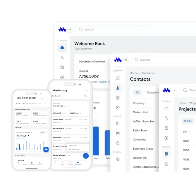 Mesh App auf Desktop und Smartphone: Dashboard, Kontakte, Projekte und Zeiterfassung