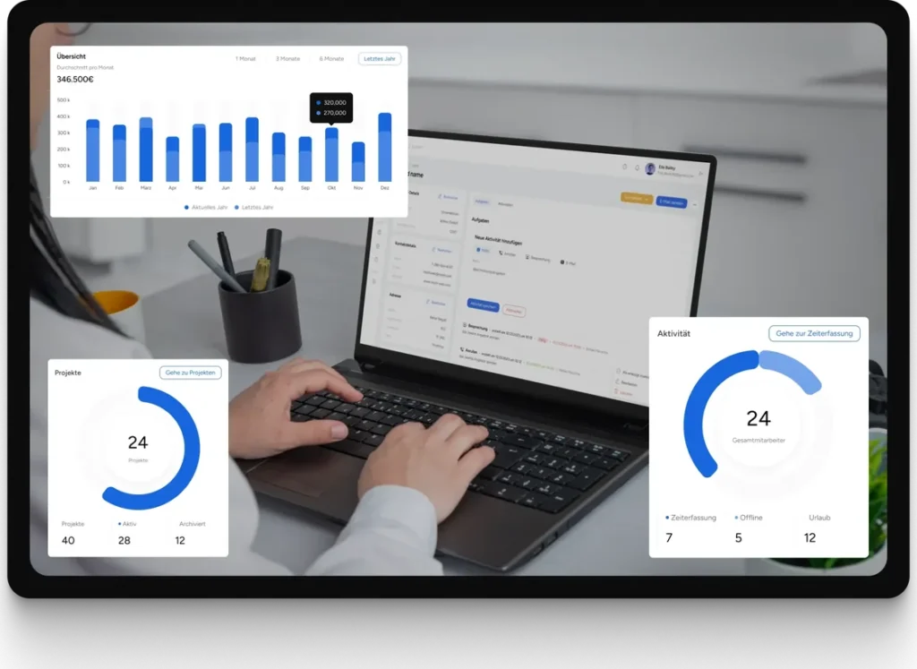 Laptop am Schreibtisch, davor eingeblendete Mesh-App-Karten mit Monatsumsaetzen, Projektzahlen und Mitarbeiter-Aktivitaet