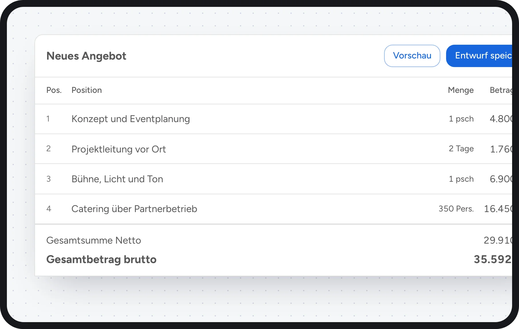 Software für Eventagenturen: Angebot mit Konzept, Projektleitung, Technik und Partner-Catering