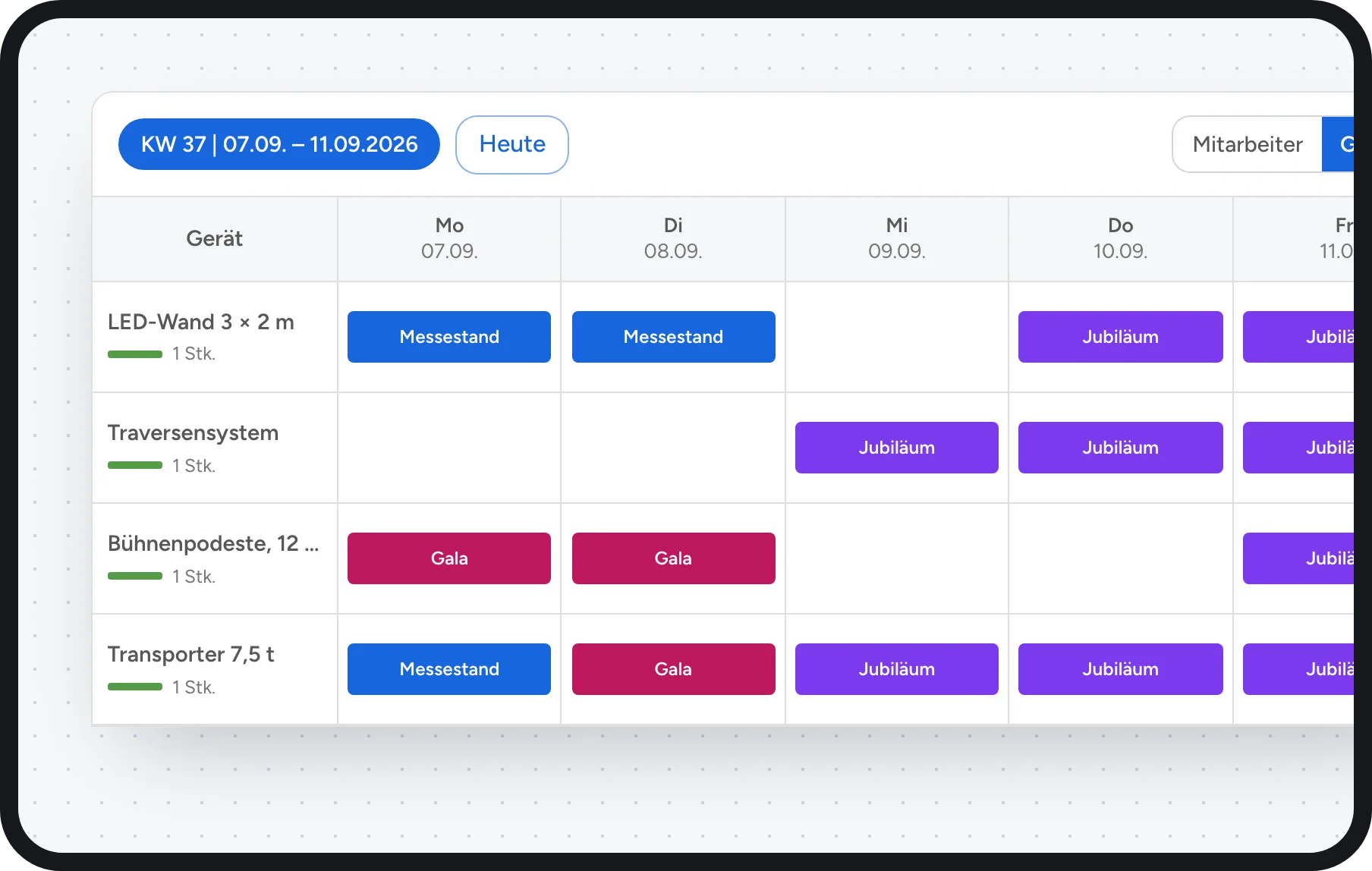 Software für Eventagenturen: LED-Wand, Traversen, Bühnenpodeste und Transporter tageweise gebucht