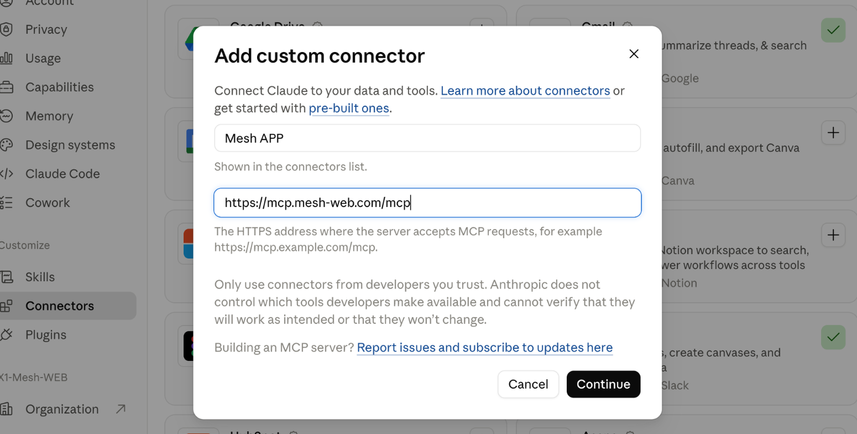 Claude, Anpassen → Connectors: Dialog „Add custom connector“ mit Name Mesh APP und Adresse https://mcp.mesh-web.com/mcp