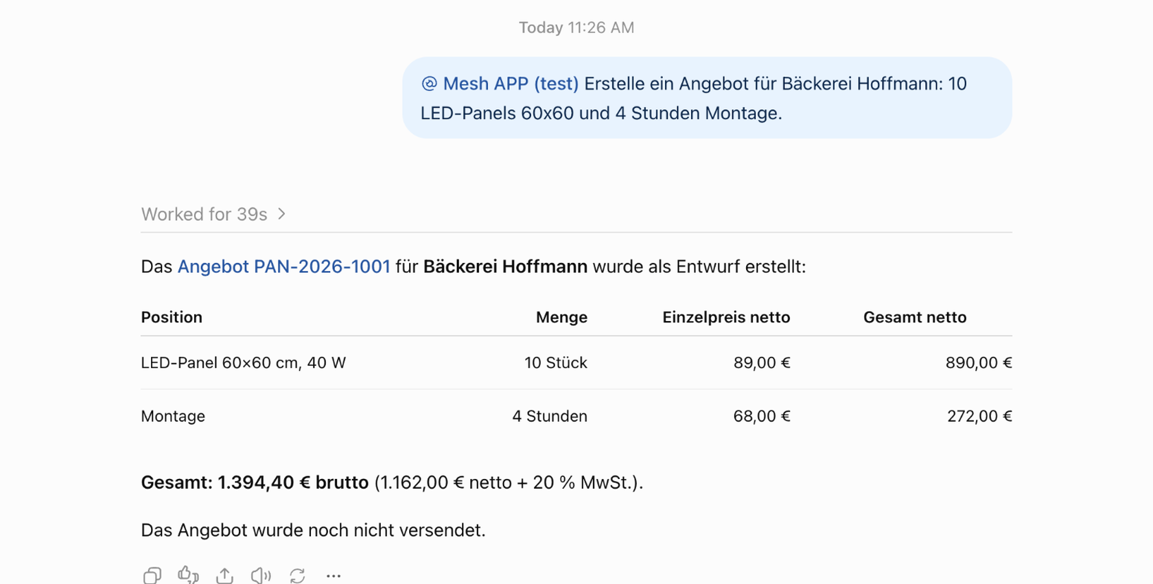 ChatGPT-Antwort: Angebot PAN-2026-1001 für Bäckerei Hoffmann als Entwurf erstellt, mit Positionen und Summen aus Mesh APP