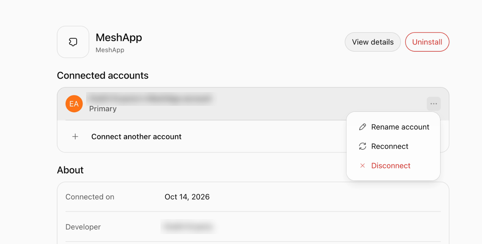 ChatGPT, Plugin-Einstellungen von Mesh APP: Menü mit Trennen (Disconnect) beim verbundenen Konto